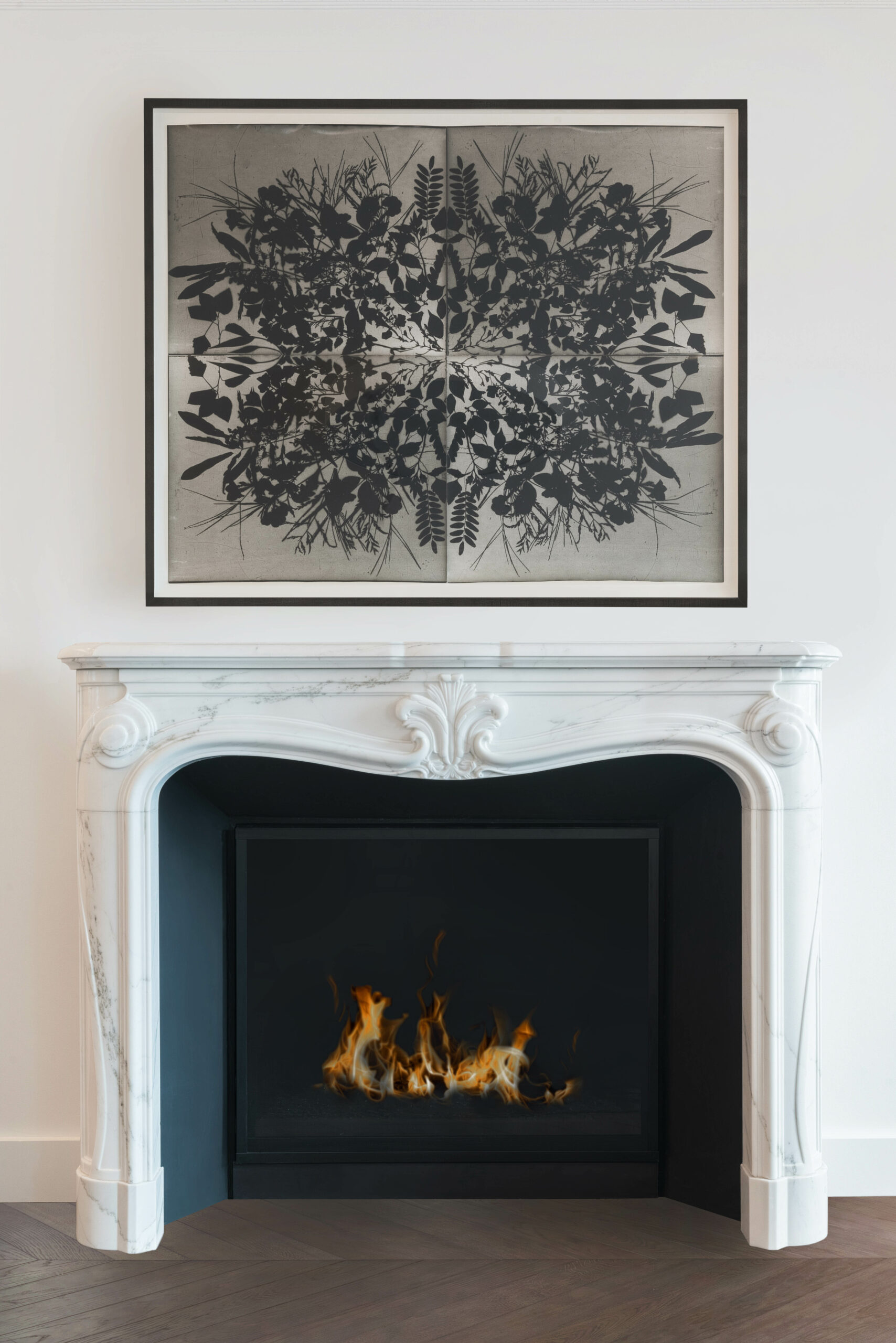 Hand-carved Carrara marble mantel and fireplace at a Boston residence.