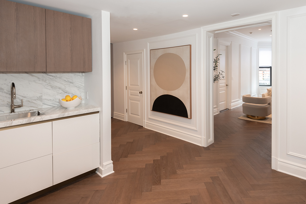 Oak wood flooring in the kitchen of a Back Bay apartment.