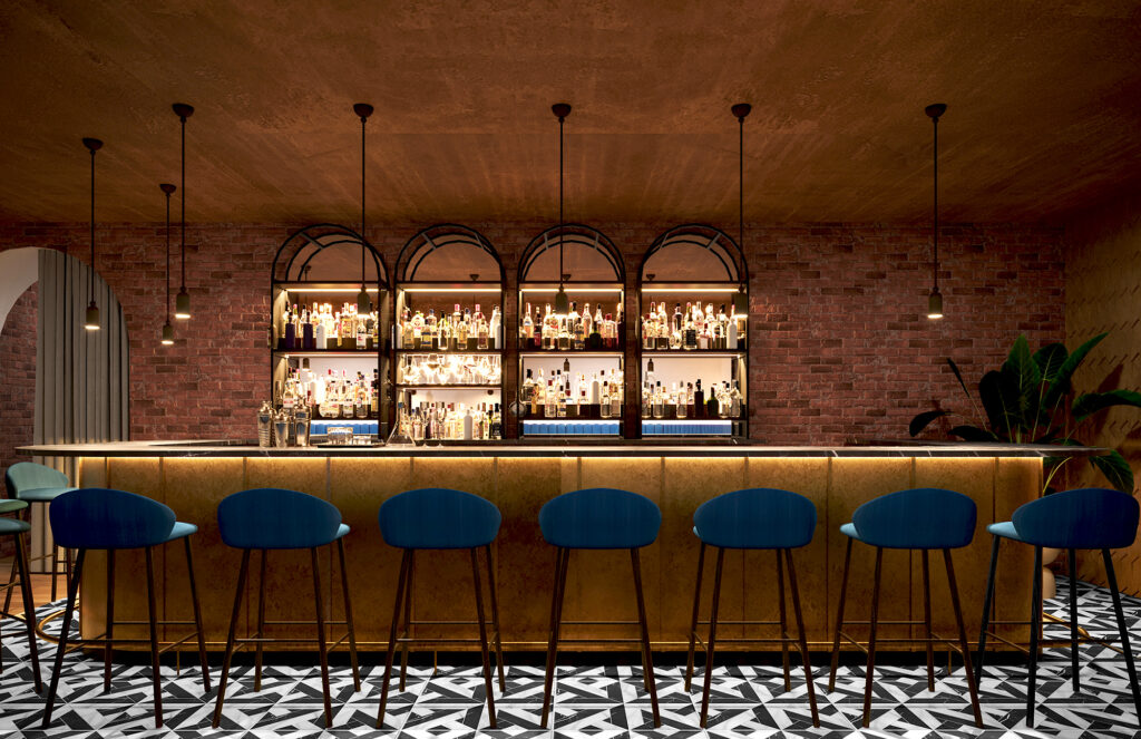 Sabina Mezcaleria bar with hand-wrought liquor shelves, custom designed bar stools and bar top
